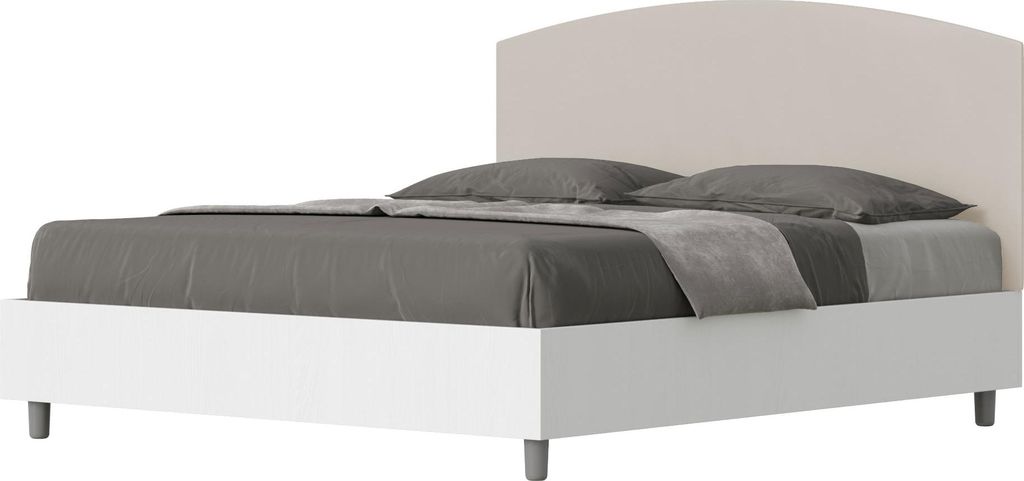 ITYHOME - Bett ohne Lattenrost 160x200 Bettgestell Esche weiß Bett-Kopfteil mit Kunstlederbezug Taubengrau Antilia