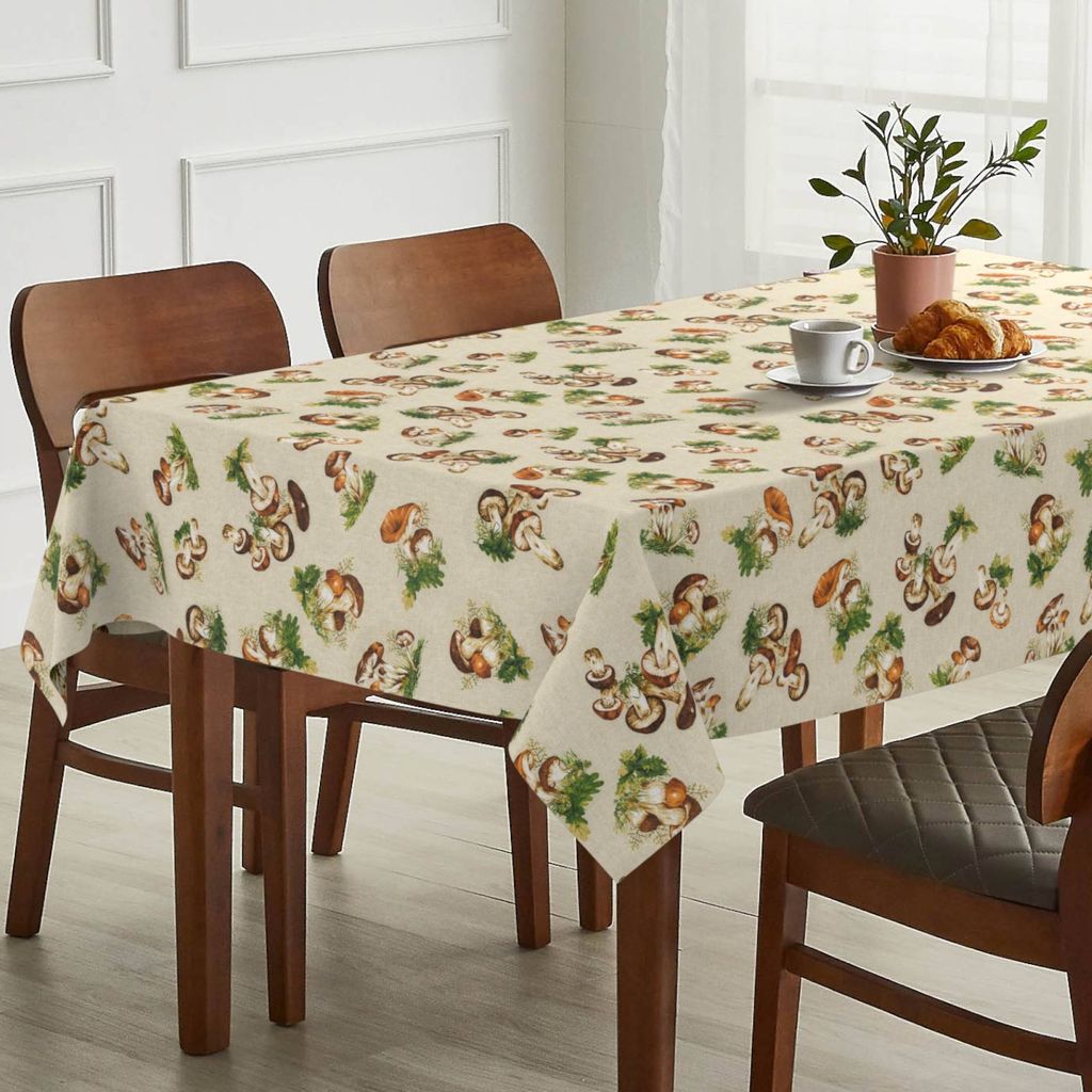Tischdecke Pilze aus Stoff mit Digitalprint Tischtuch EasyClean ACRYL Beschichtet Tischwäsche Digitaldruck Beige 120x160cm mit Schnittkante