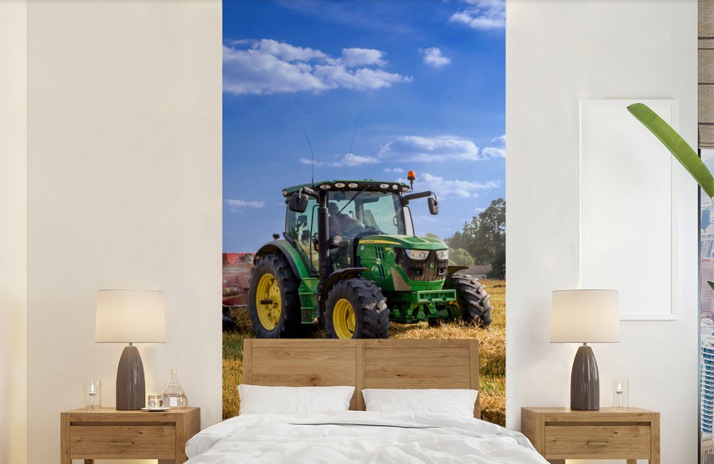 MuchoWow Fototapete für Wohnzimmer oder Schlafzimmer Wandtapete Vinyl Motivtapete Traktor - Bauernhof - Heu - Feld - Sonne - Landleben - 120x240...