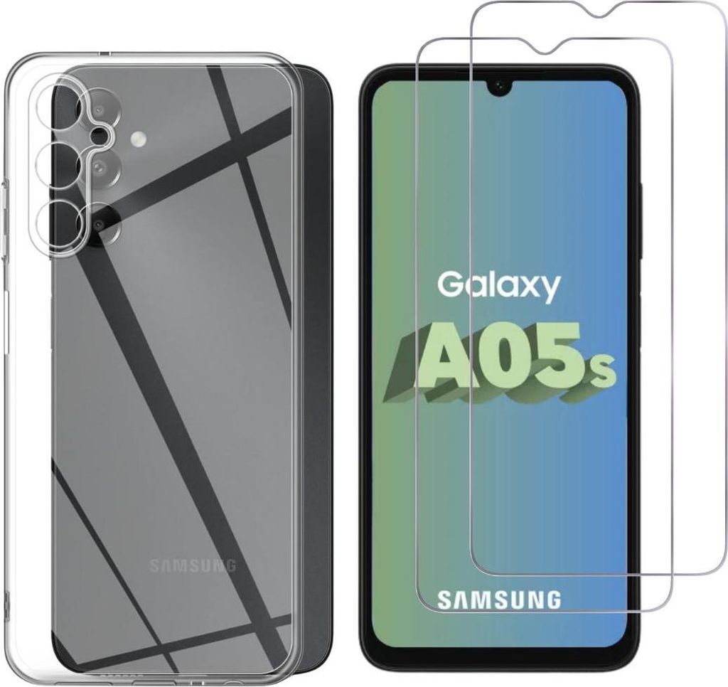 A clear product shot of a phone case and two screen protectors next to a smartphone displaying its model name.