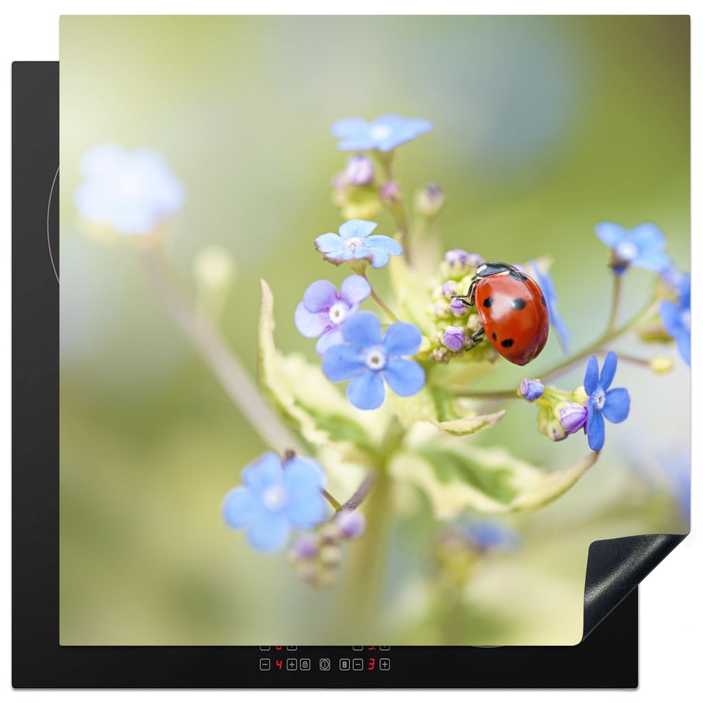 KitchenYeah Herdabdeckplatte Marienkäfer - Blume - Frühling , 78x78cm, Küche Deko, Glaskeramikkochfeld Herdabdeckung, Abdeckplatte fùr Kochfeld