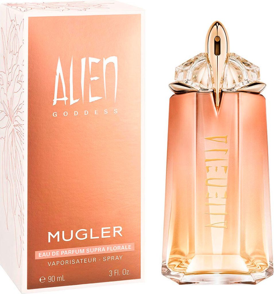 A perfume bottle and its packaging are displayed side-by-side against a white background.