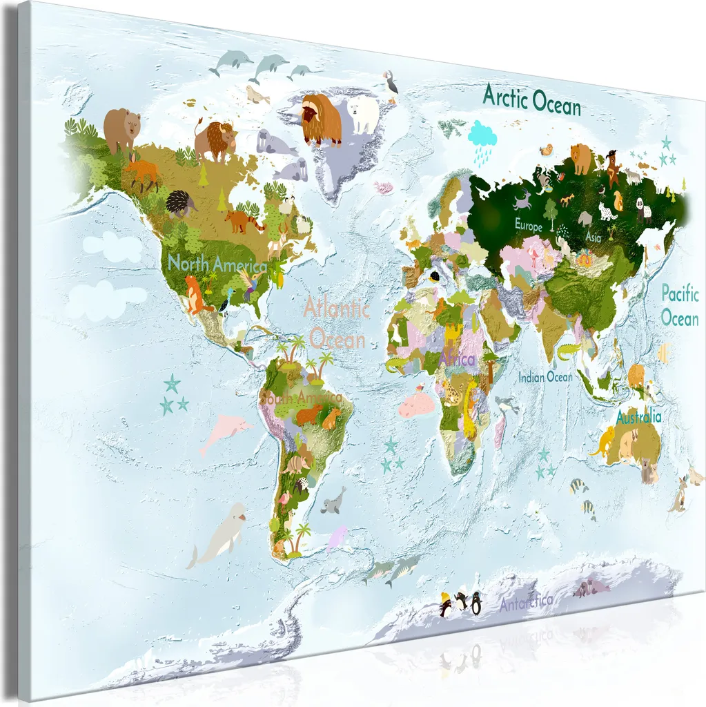 Quadro su Tela Mappamondo Bambini 90x60 Animali del Mondo k-A-0508-b-a