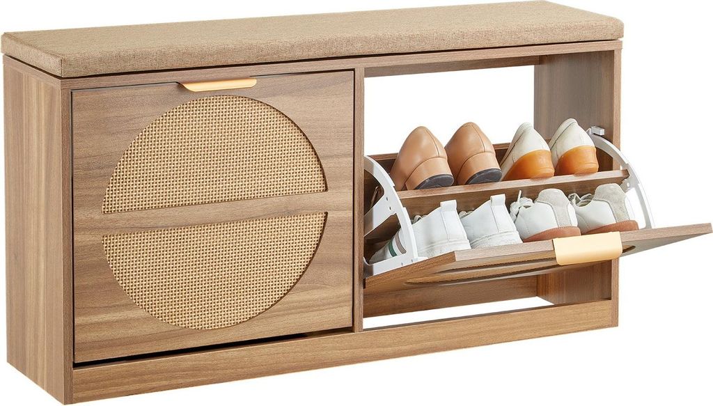 Schuhbank - Sitzbank mit Schuhregal - Rattan-Optik - Vier Fächer mit Rattan-Türen - Sitzkissen - Belastbar bis 200 kg - Maße 98,8 x 24 x 50 cm