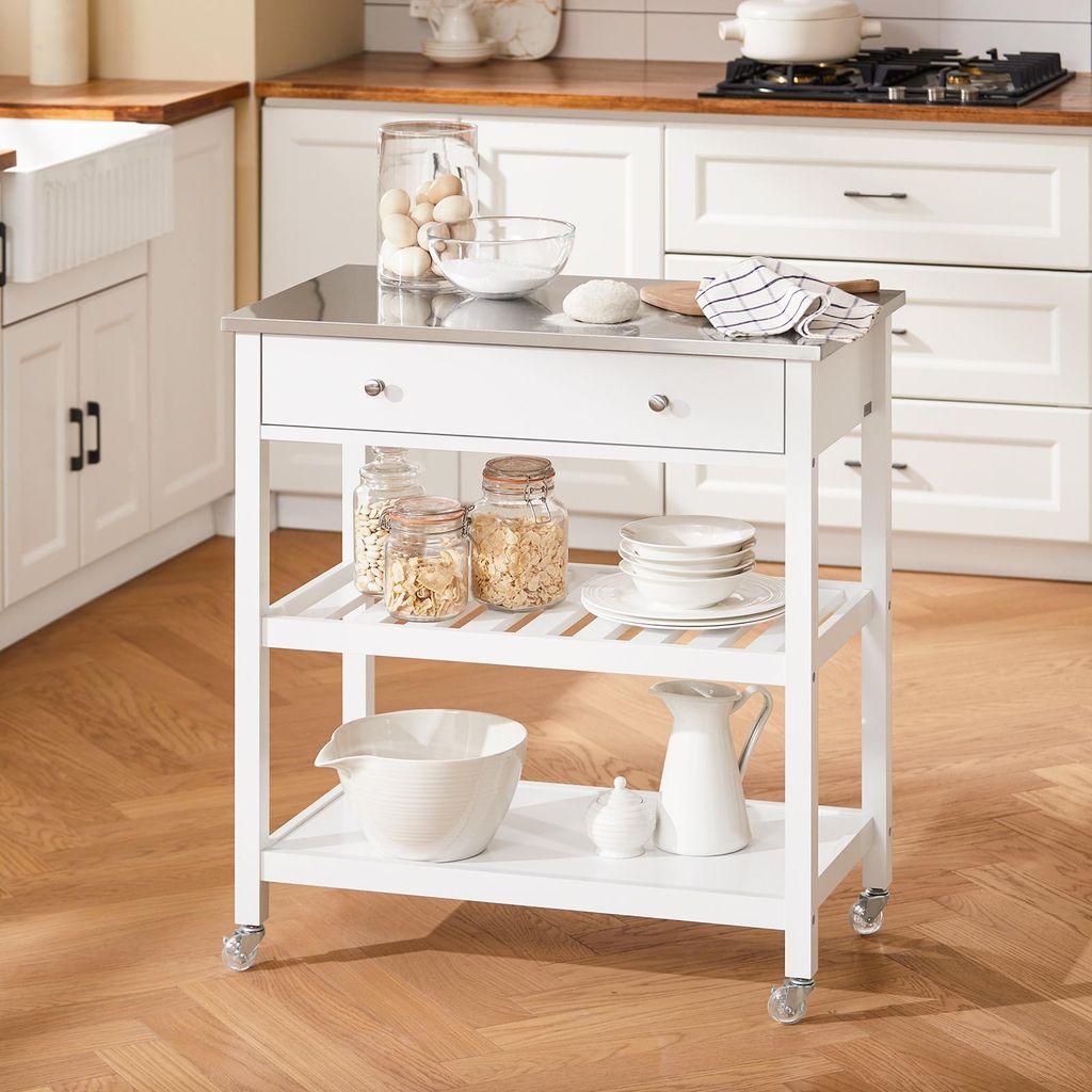 SoBuy Servierwagen mit 4 Rollen Küchenwagen mit Arbeitsplatte Mobil Kücheninsel Rollwagen Küche Küchenregal Stehend für Haushalt Outdoor FKW47...