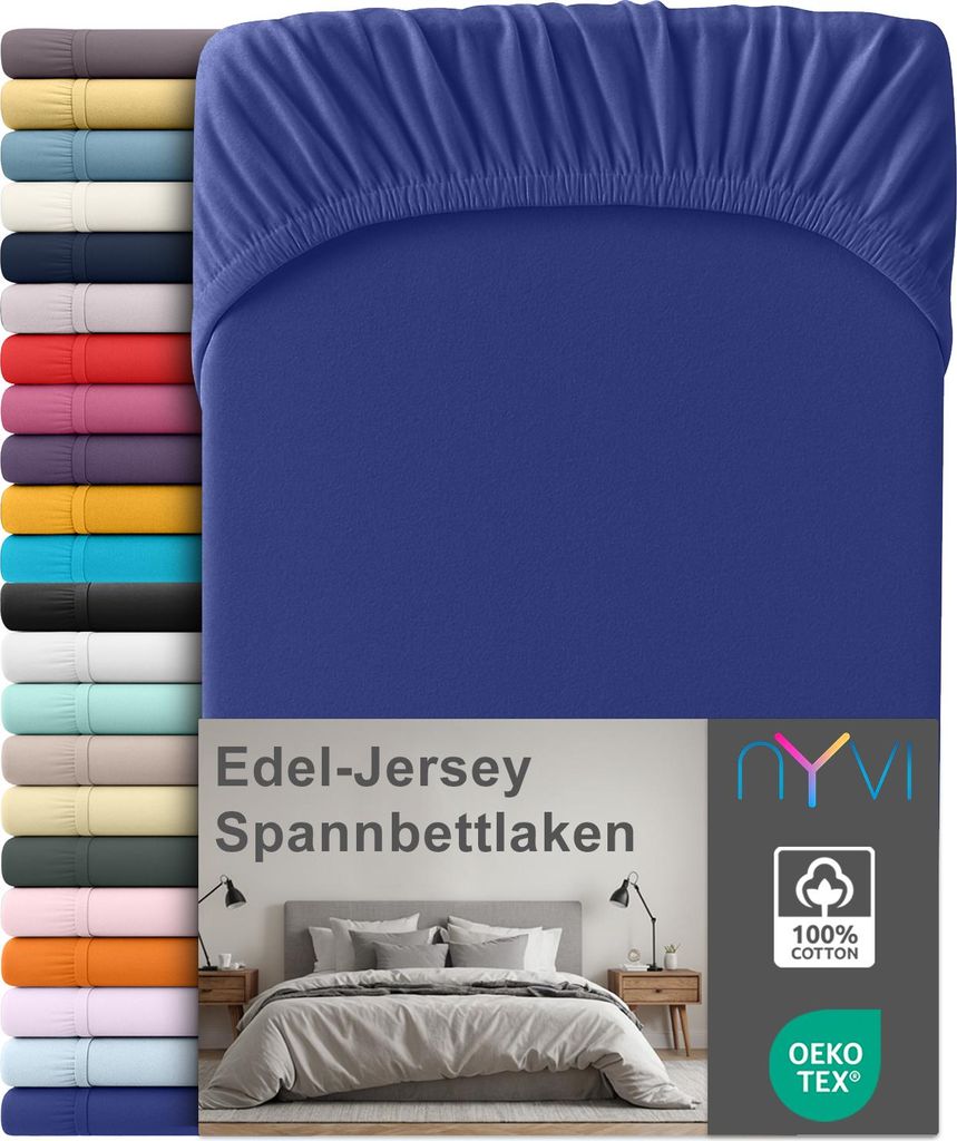 Edel Jersey Spannbettlaken Deluxe für Matratzen bis 25 cm Steghöhe - 100% Baumwolle supergekämmt, 140g/m², Rundumgummizug, Farbe:Royalblau, Gr...