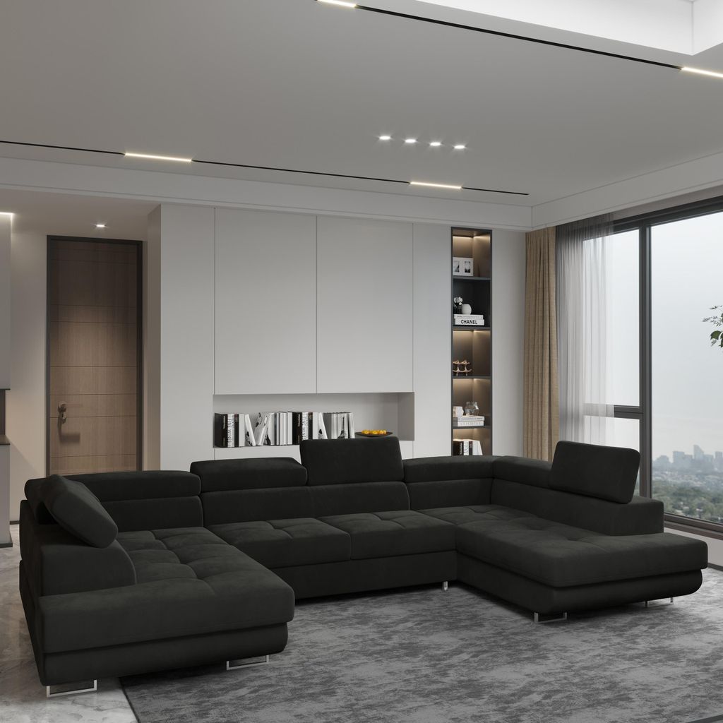 Masseno Ecksofa RAGGIO mit Schlaffunktion U-Form, Sofa mit Bettkasten, Wohnzimmersofa, Couch, Soffa, Bettsofa, Couchgarnitur- Schwarz, MONOLITH 95