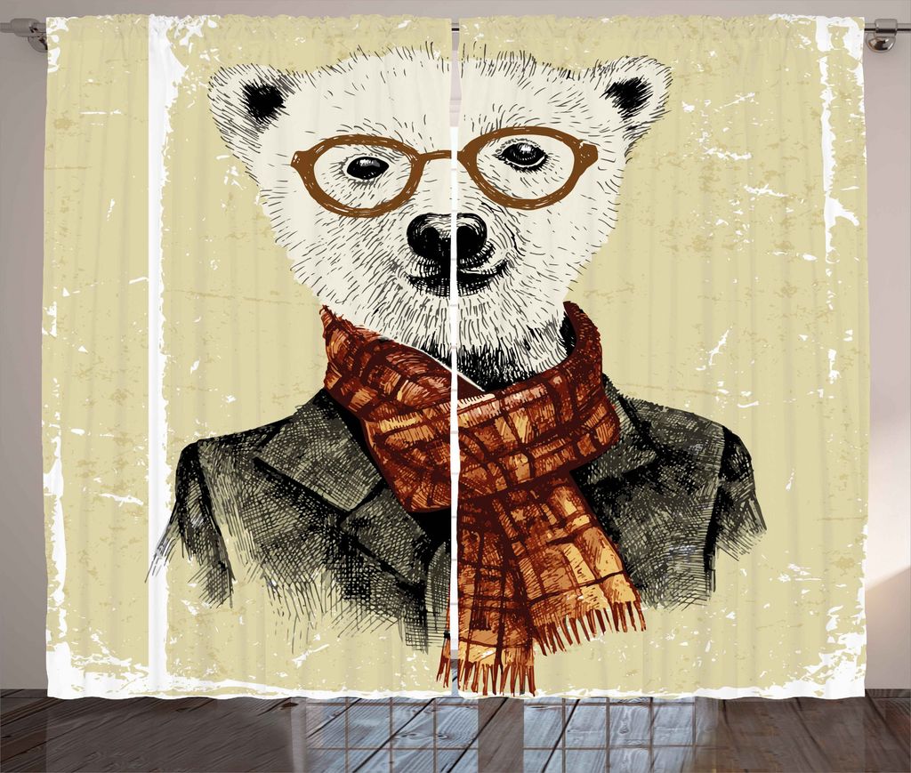 ABAKUHAUS Tier Rustikaler Gardine, Hipster-Bär Brille, Schlafzimmer Kräuselband Vorhang mit Schlaufen und Haken, 280 x 175 cm, Creme Dunkelorange...