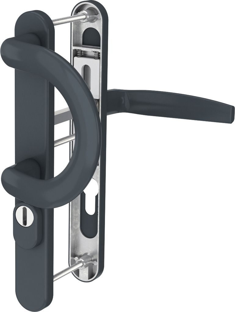 Langschildgarnitur Schmalrahmengarnitur Anthrazit RAL7016 PZ Lochung 8-72mm Bügelgriff/Drücker 55-70mm ja