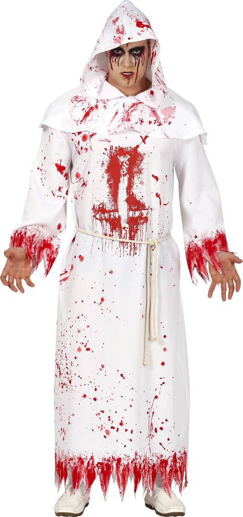 Halloween Mystischer Mönch Blutflecken Kapuze Gruselig Kostüm, Größe: 52 - 54 (L) Farbe: Weiß