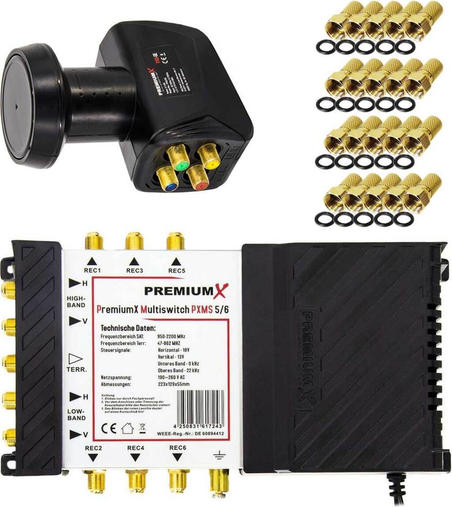 PremiumX Multischalter Set 5/6 Multiswitch SAT Quattro LNB 20x F-Stecker