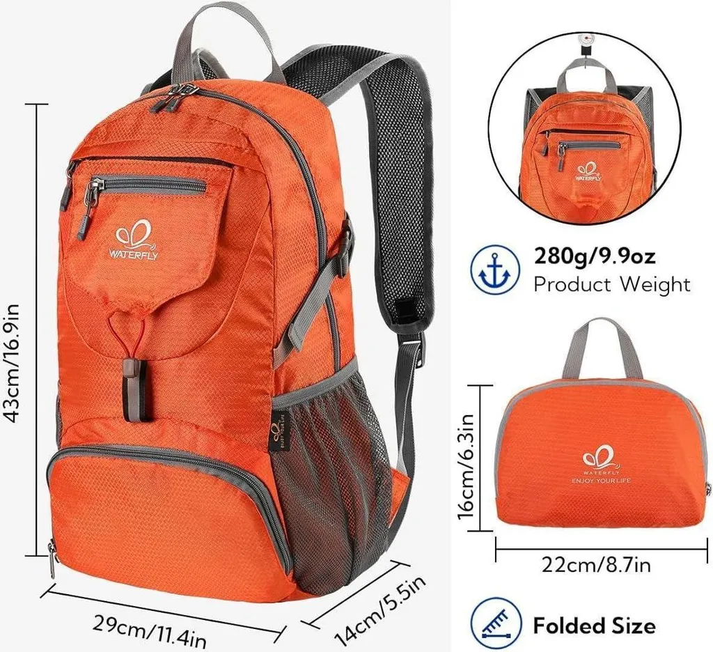 Sac à dos pliable 20L Orange imperméable et ultra résistant pour camping - 2