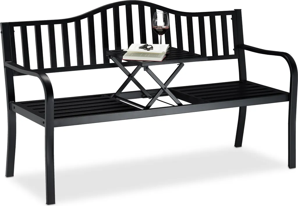 Relaxdays Banc de jardin avec table pliante intégrée en acier noir 150cm