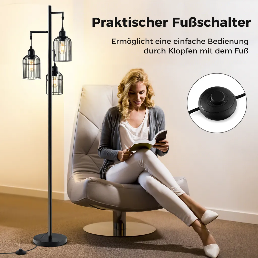 COSTWAY Lampada da Terra 169cm Moderna 3 Luci Nera | Design Industriale - 5