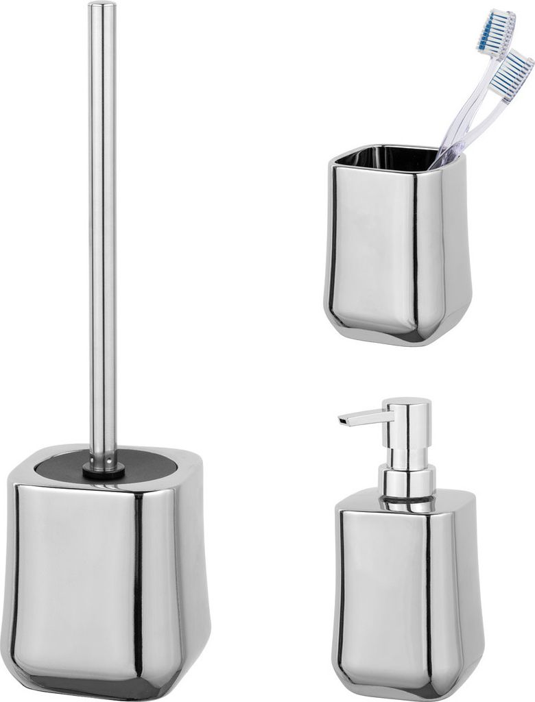 Schöner Wohnen Keramik Bad-Accessoire Set Adine Silber WC-Garnitur Seifenspender Zahnputzbecher