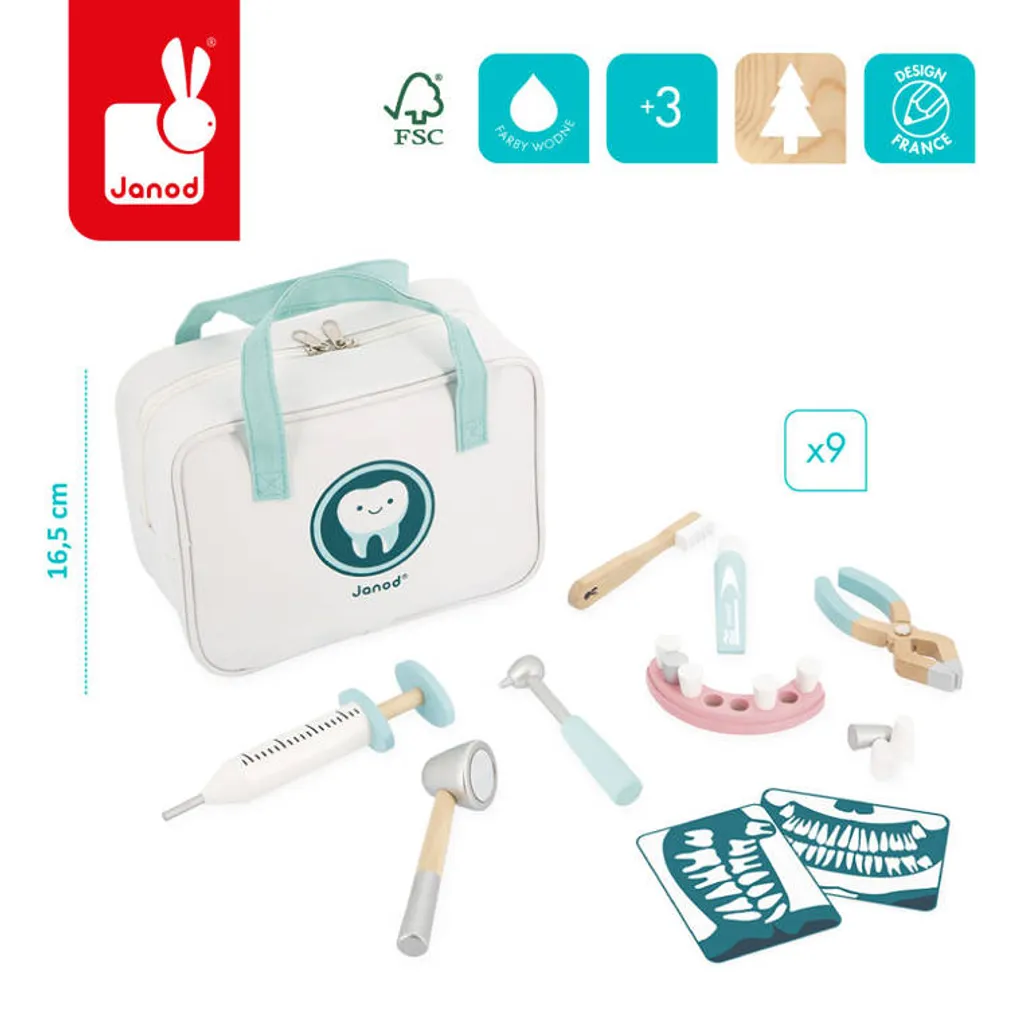 Coffret Dentiste Janod en Bois Naturel avec Accessoires Réalistes 3+