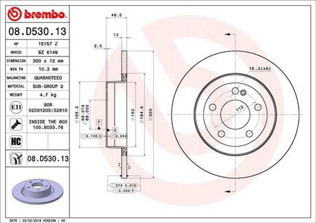 BREMBO 08.D530.13 Bremsscheibe OE 0004230512 kompatibel mit C-Klasse