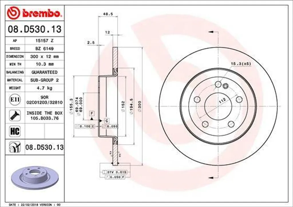 Disque de Frein Mercedes Classe C S205 Brembo 08.D530.13 Qualité OE