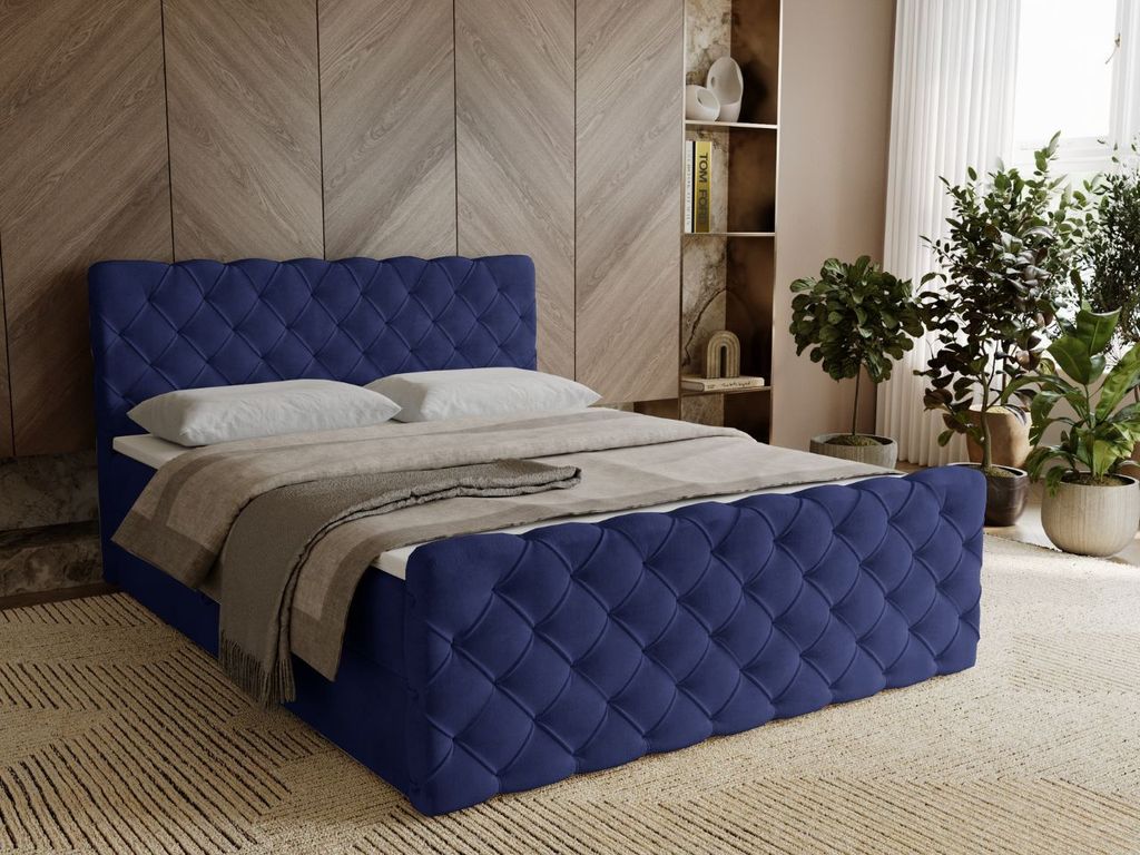 GrainGold Boxspringbett Lunaris 140x200 - Bett mit Matratze und Topper - Boxspringbett mit Bettkasten und Matratze - Boxspringbett Blau (Elegance 17)