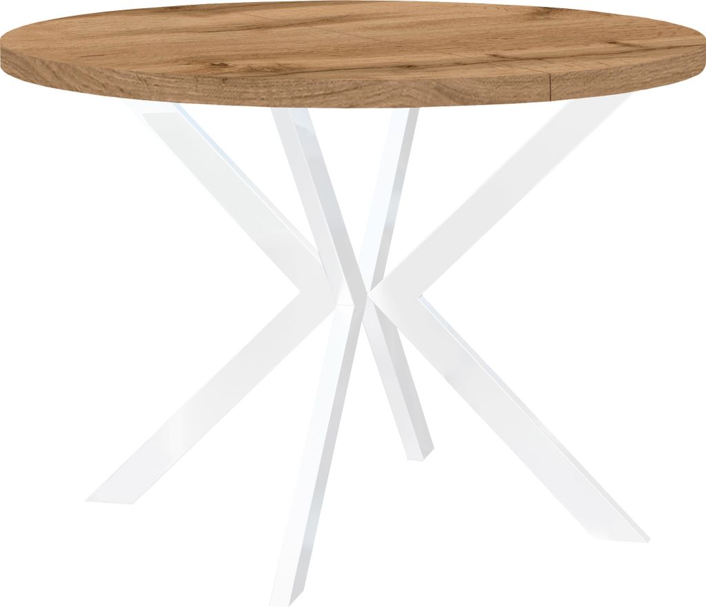 Runder Ausziehbarer Tisch für Esszimmer, ENDIK, mit Metallbeinen, Loft-Stil, Industriel, Durchmesser: 110 / 160 cm, Farbe: Eiche Wotan / Weiß