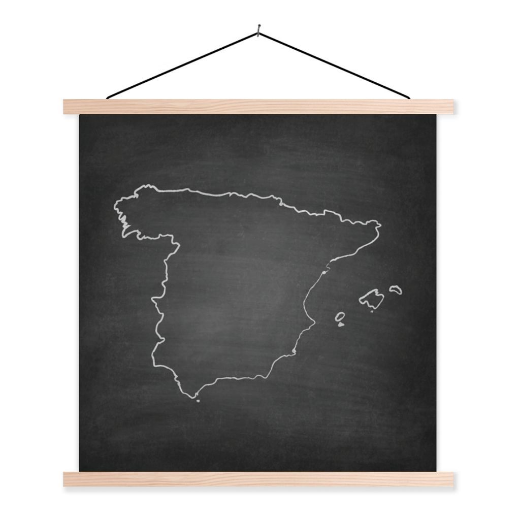 MuchoWow Textilposter Schwarze und weiße Illustration von Spanien auf einer Kreidetafel 60x60 cm mit holzfarbenen Rahmen - Wanddekoration