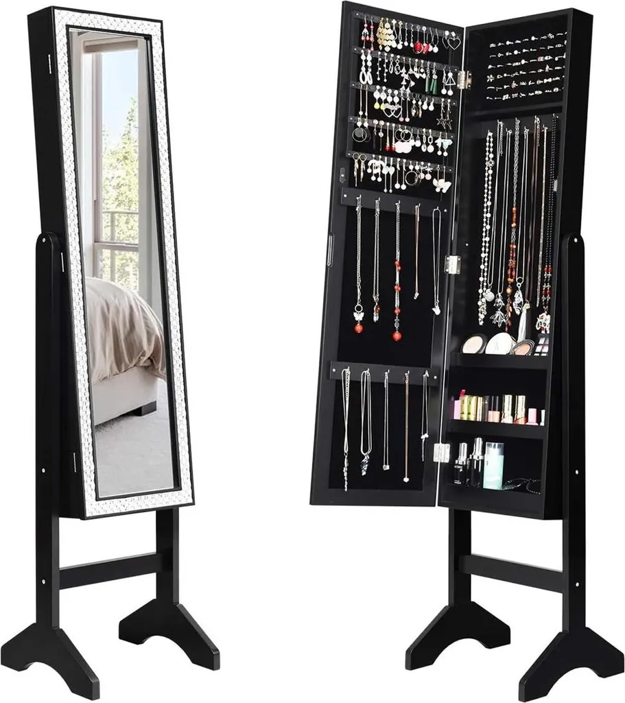 Armoire à bijoux avec miroir sur pied en bois noir - Modèle ALBA-20