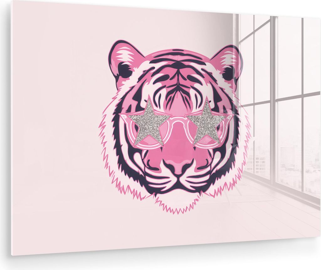 MuchoWow Glasbilder - Bilder auf Wandbild - Foto auf Glas Tiger - Glitzer-Sonnenbrille - Rosa 60x40 cm Wanddekoration aus Glas - Acrylglasbild - Ac...