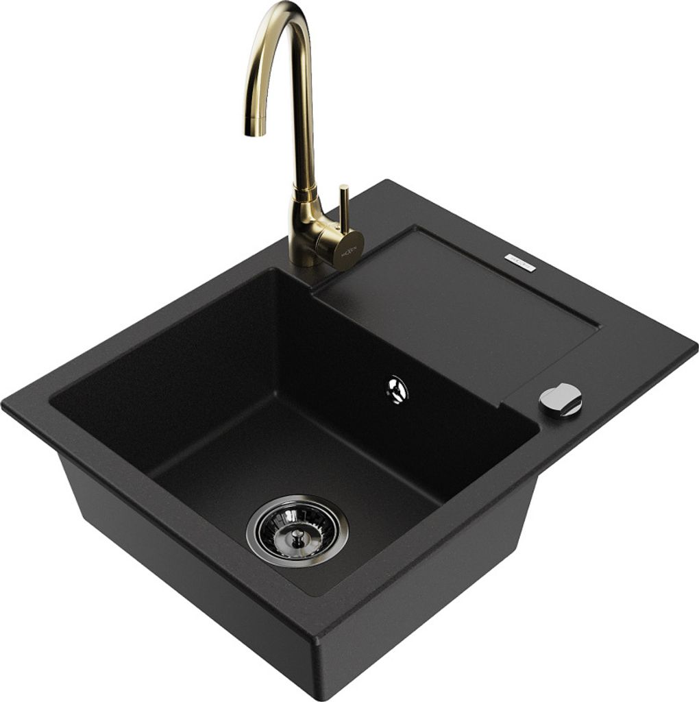 Mexen Enzo 1 Becken-Granitspüle mit Abtropffläche und Mischbatterie Telma, Schwarz - 6506-77-670200-50-B