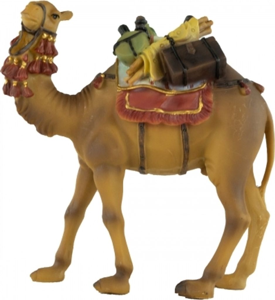 Handbemalte Krippenfigur Kamel mit Gepäck, ca. 14 cm, T 080