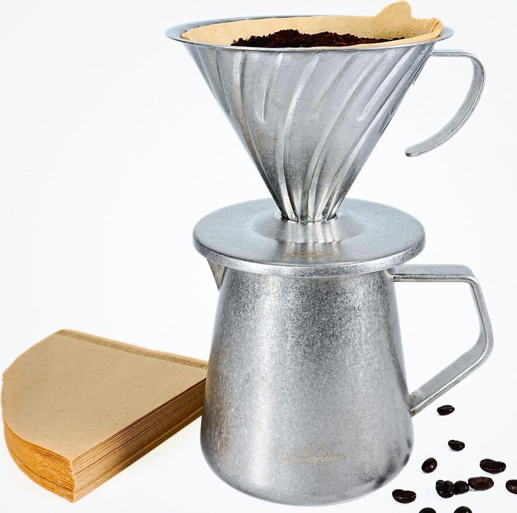 Permanenter Pour Over Kaffeebereiter Set für Filterkaffee, 600ml kaffeekanne Set,inklusive 50x Papierfilter,1 bis 4 Tassen-Antikes Handwerk aus Ed...