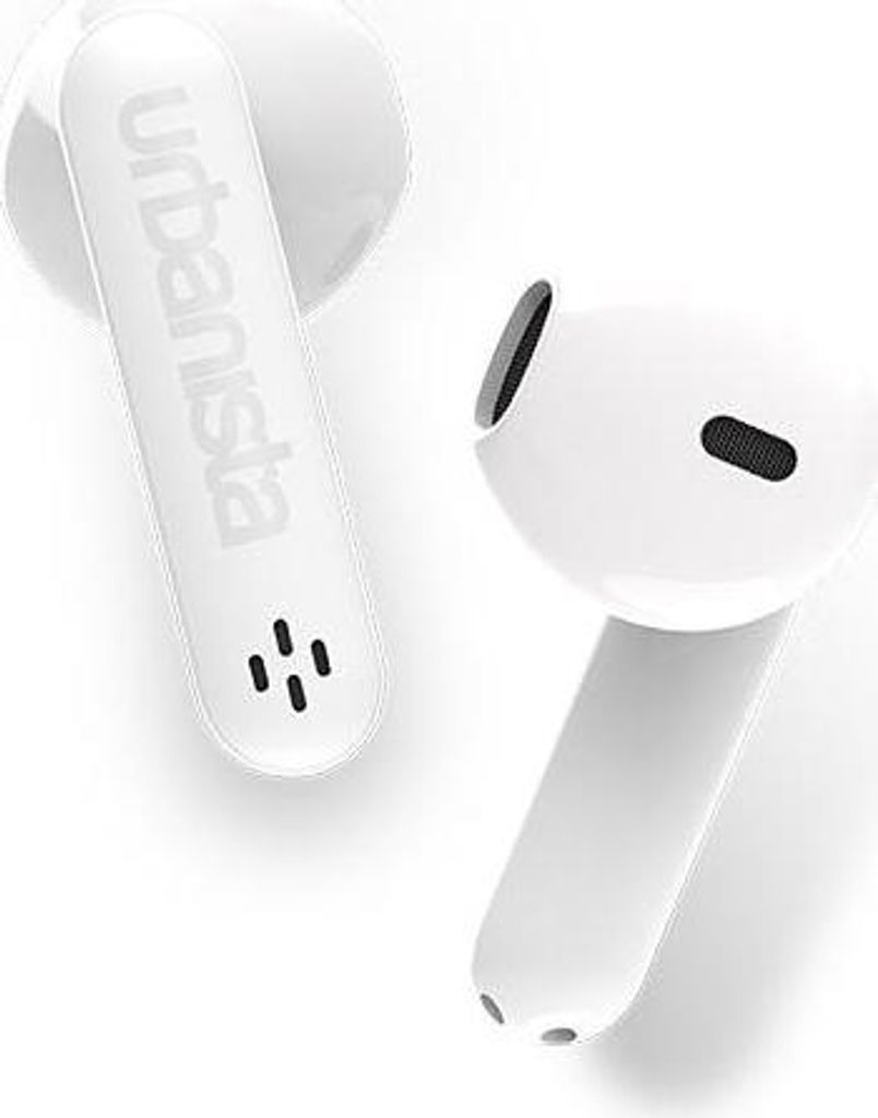 A pair of white wireless earbuds on a white background.