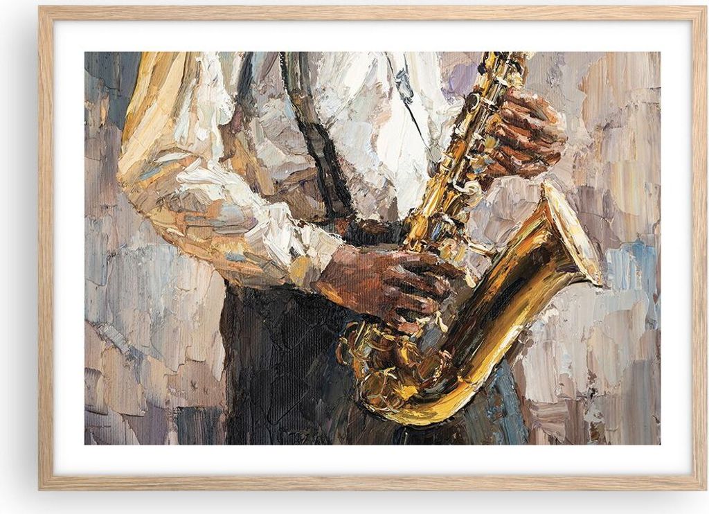 Gerahmtes Poster - Rahmen in heller Eiche - Saxophon Öl Musiker - 70x50 cm - Wand Bild - Wanddeko - Wandbilder - Kunstposter - Wandposter - Bilder...