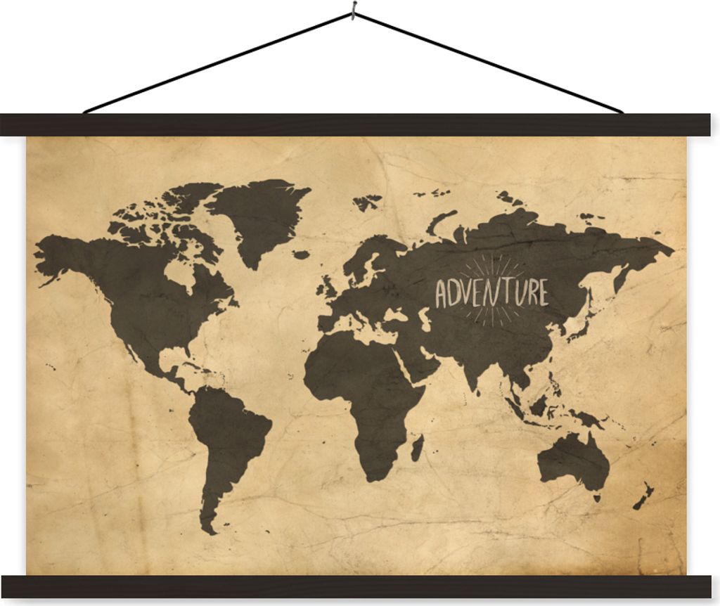MuchoWow Textilposter Weltkarte - Zitat - Vintage 90x60 cm mit schwarzem Rahmen - Aufhängungssatz