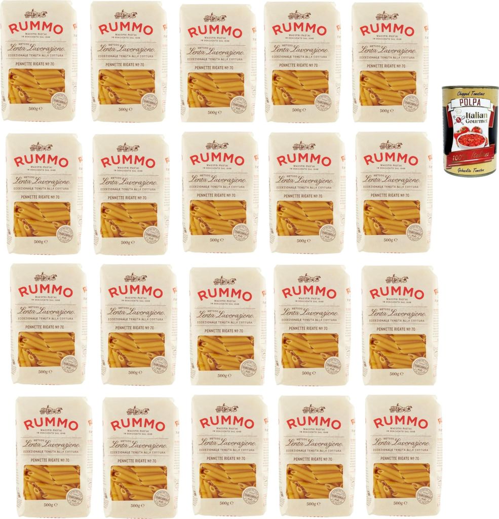 Rummo Pennette Rigate N° 70 Pasta Lenta Lavorazione Teigwaren aus Hartweizengrieß Bronze-Zeichnung 20x 500g + Italian Gourmet polpa 400g