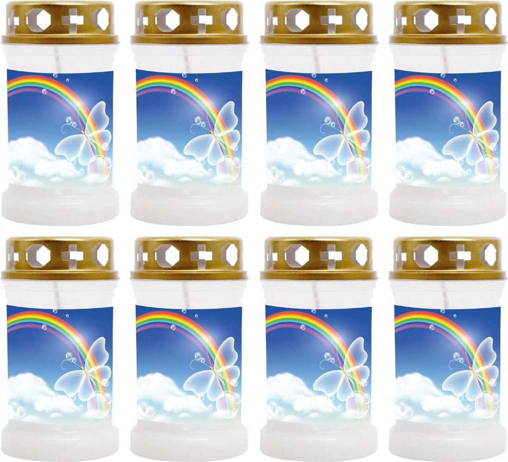 Grabkerze Weiß 8er Pack, Brenndauer: 40 Stunden ( je Kerze ), Motiv: Regenbogen 2