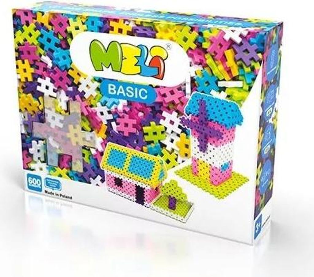 A product box for Meli Basic building blocks, showing colorful blocks and examples of built structures.