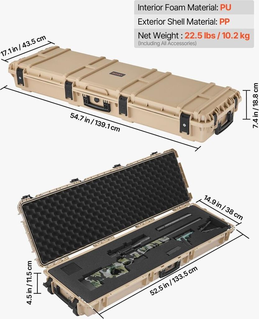 Hard Rifle Case, Lockable Rifle Case with Pre-cut Foams, 1320 mm Gun Storage with Wheels, Heavy Duty IP67 Waterproof & Dustproof Pistol Storage Cas...