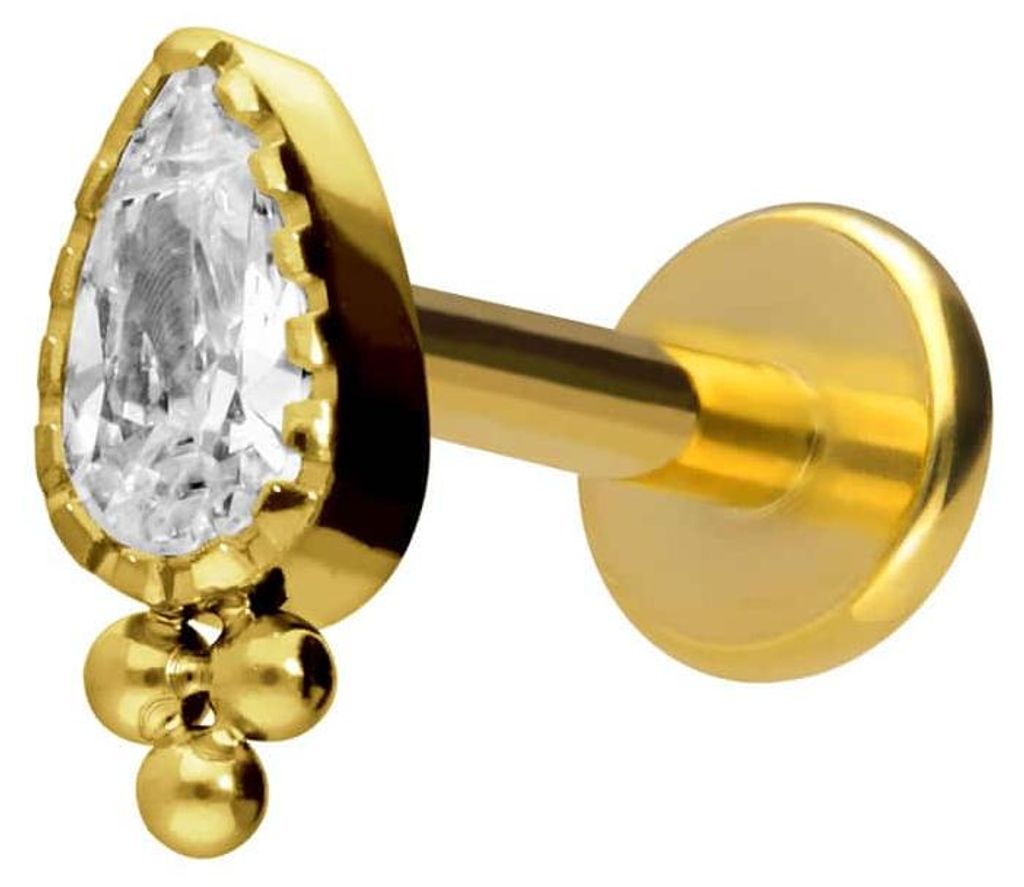 Ohrpiercing, Nasenpiercing Titan Labret mit Innengewinde KRISTALLTROPFEN + KUGELN Gold Stablänge: 7mm | Stabstärke: 1,2mm
