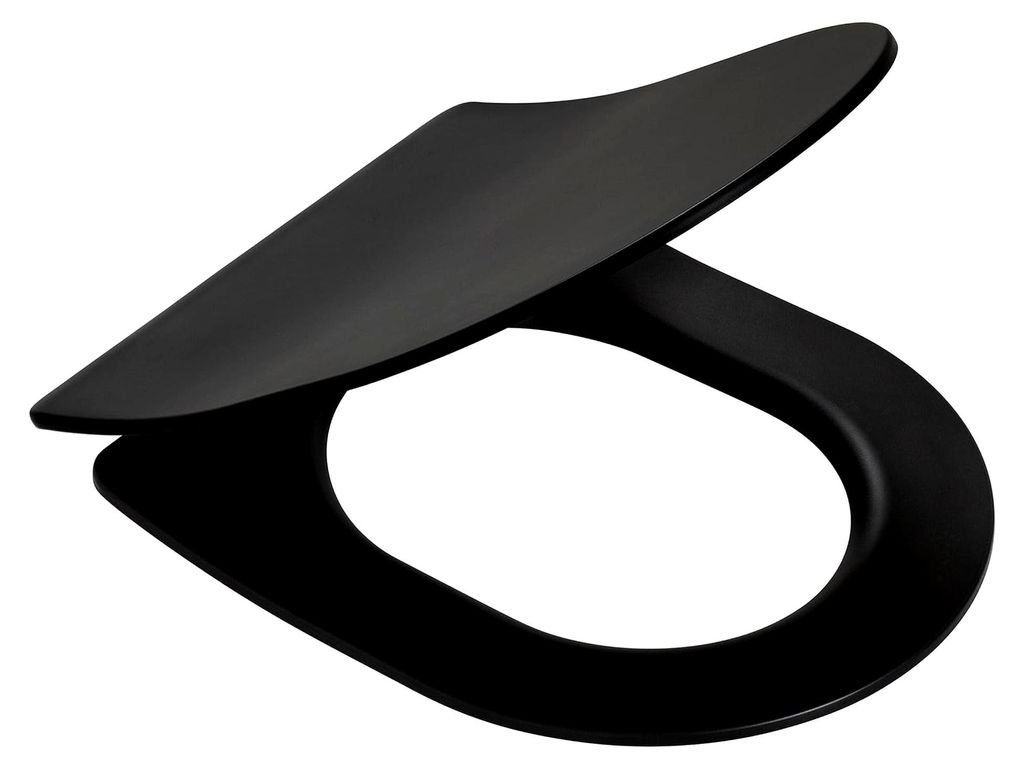 WC-Sitz mit Absenkautomatik und Easy-Clean-Funktion, D-Form, Duroplast, Farbe: Schwarz/Edelstahl gebürstet