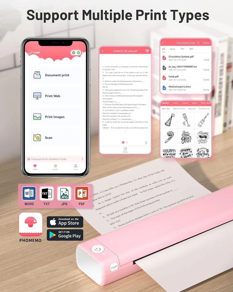 Imprimante A4 sans fil Bluetooth Phomemo M08F thermique Rose compacte