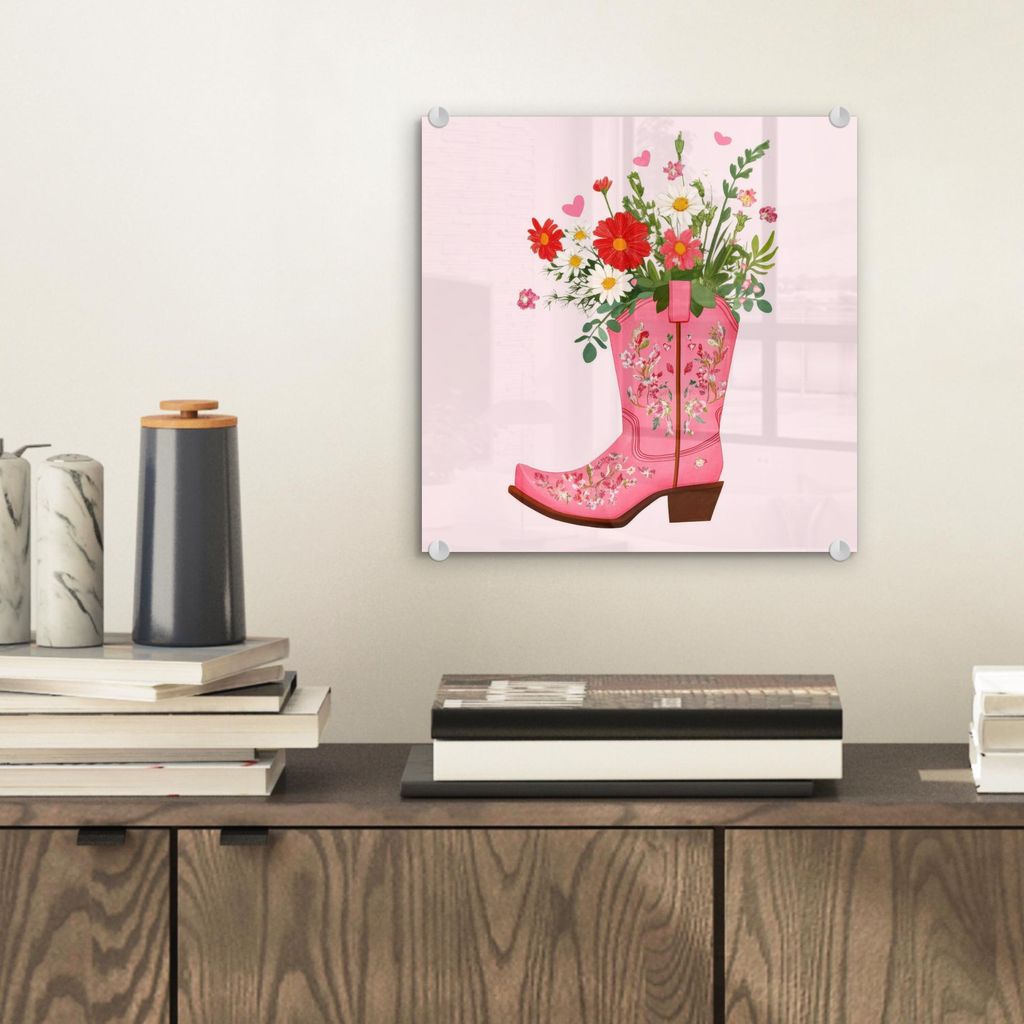MuchoWow Glasbilder - Bilder auf Wandbild - Foto auf Glas Cowboystiefel - Rosa - Strauß - Blumen 40x40 cm Wanddekoration aus Glas - Acrylglasbild ...