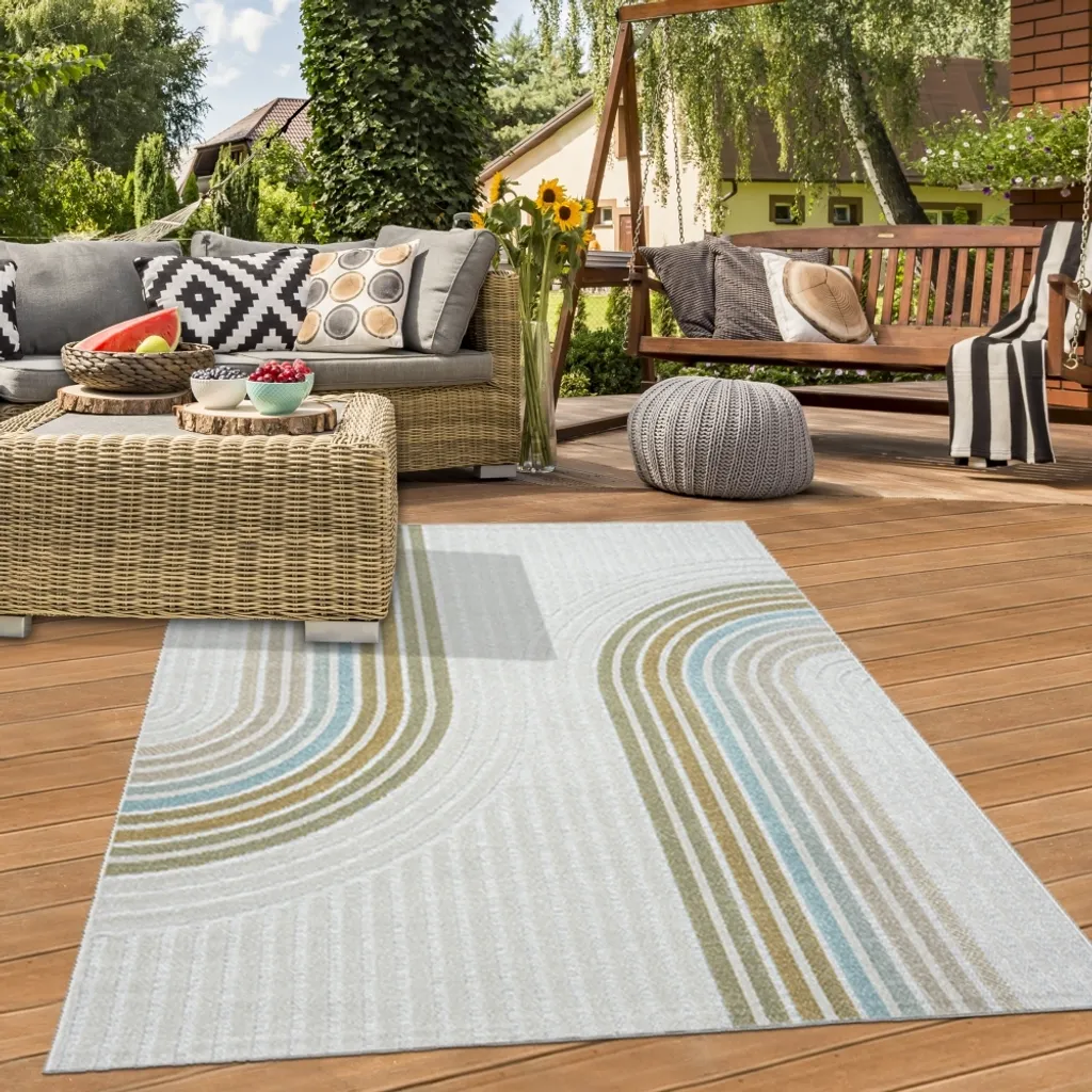 Tapis salon et terrasse 140x200 cm design lignes crème multicolore