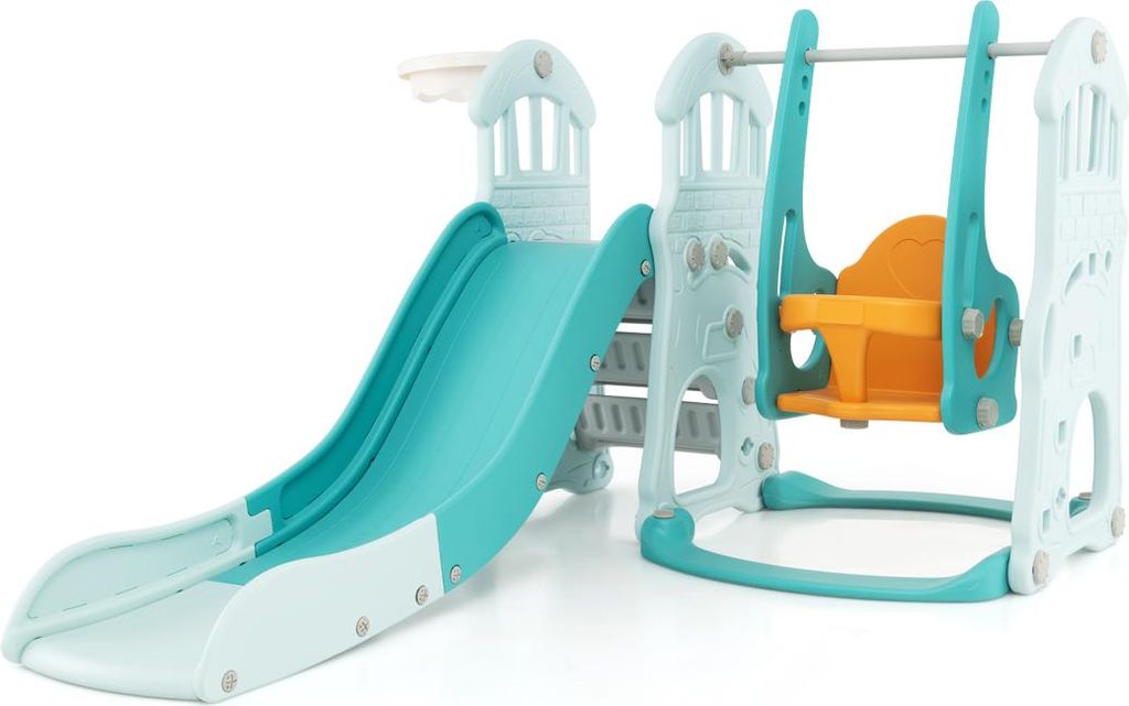 GOPLUS 4 in 1 Kinderrutsche mit Schaukel, Spielplatz mit Verstellbarer Schaukel, Basketballkorb und Ball, Rutschenspielzeug Indoor, Grün