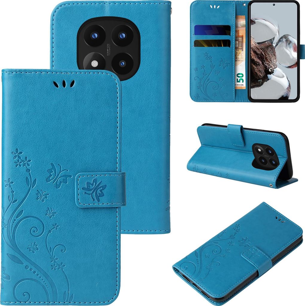 A collage of images showing a blue floral and butterfly embossed flip phone case from multiple angles, including the inside with card slots and a phone inserted.