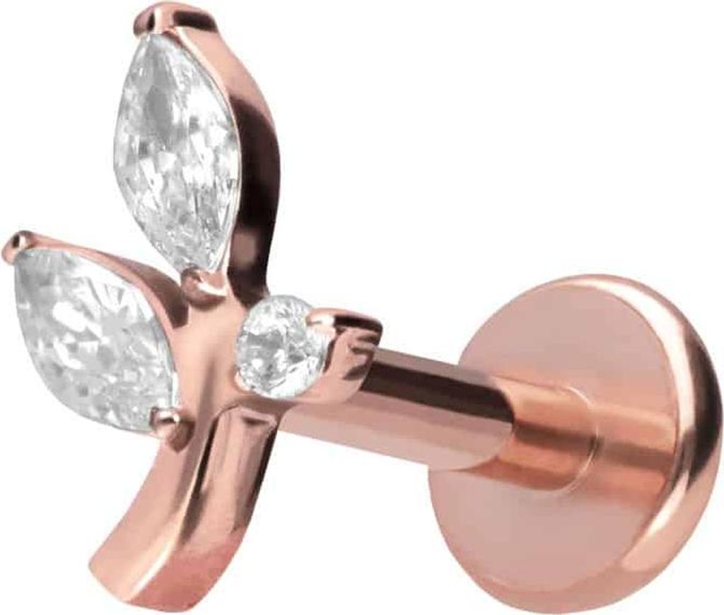 Ohrpiercing, Nasenpiercing Titan Labret mit Innengewinde KRISTALLZWEIG RoséGold Stablänge: 7mm | Stabstärke: 1,2mm