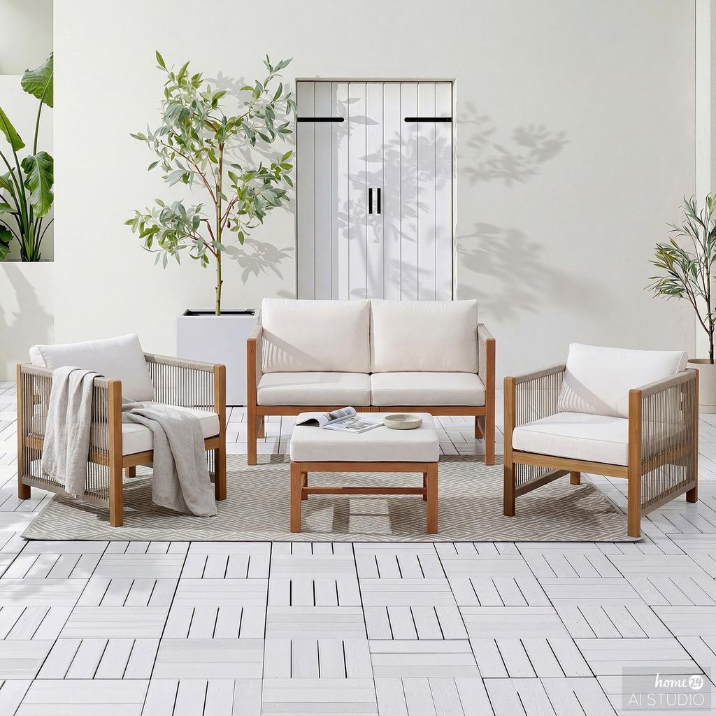 home24 Loungegruppe - 5-teilig - Akazie massiv / Polyester - Braun / Beige