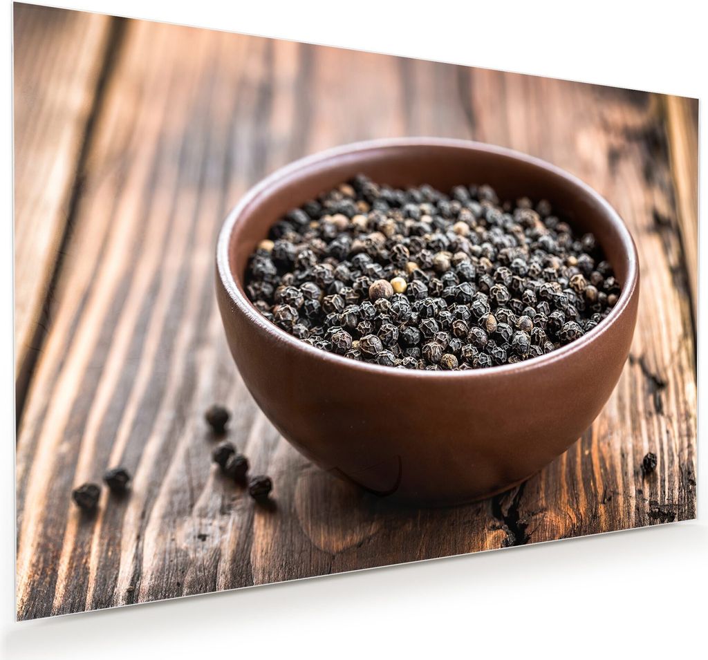 Glasbild Wandbild Pfeffer auf Holztisch 45x30cm in XXL für Wohnzimmer, Schlafzimmer, Badezimmer, Flur