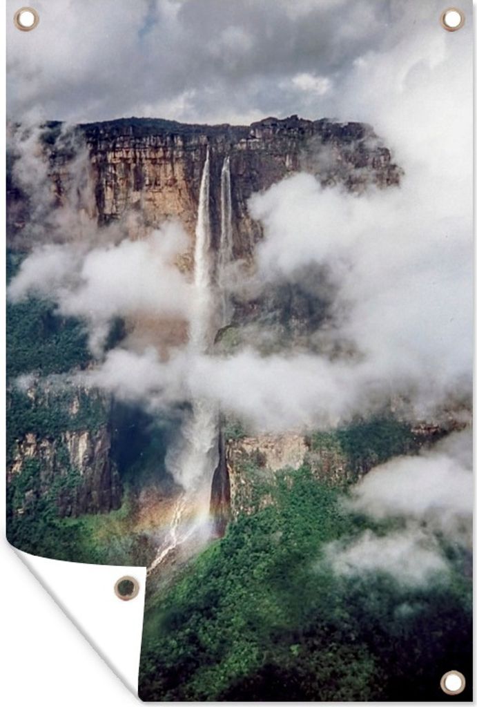MuchoWow 60x90 cm Outdoor-Poster Gartendeko Sichtschutz Garten Poster für den Garten Wasserfall - Wolken - Berg