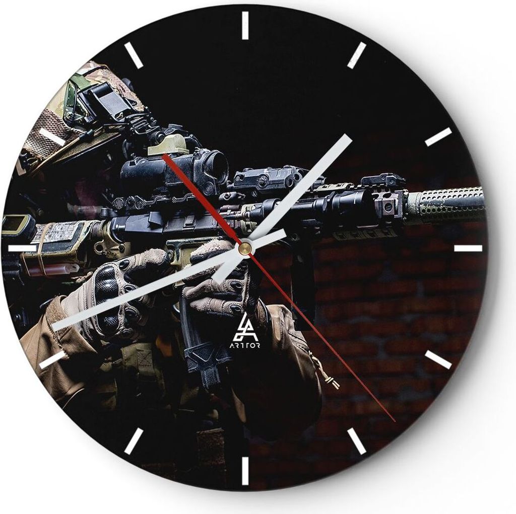 Wanduhr - Rund - Glasuhr - Soldat Gewehr - 40x40cm - Schleichendes Uhrwerk - Lautlos - zum Aufhängen bereit - Dekoration Modern - Wanddekoration a...
