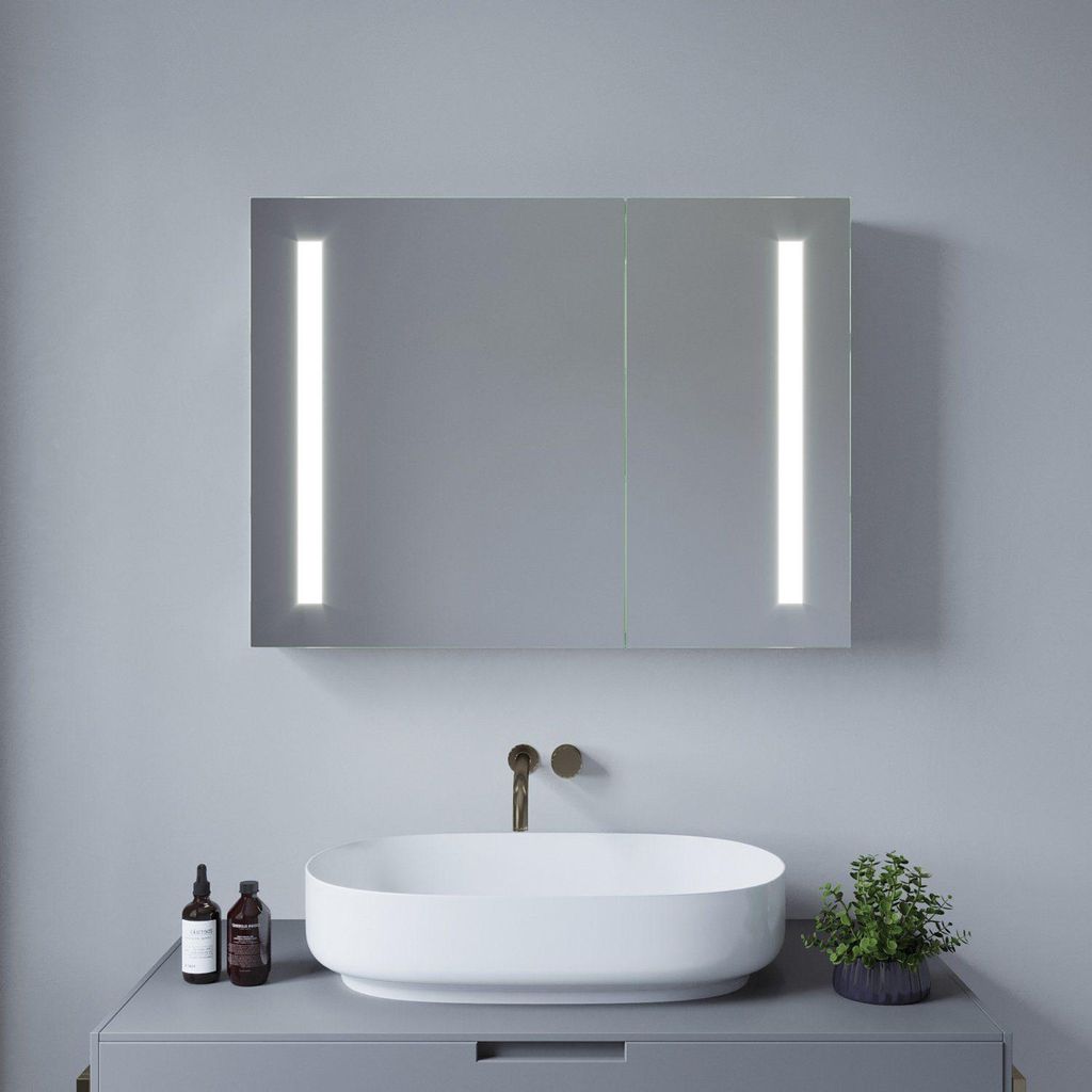 AQUABATOS LED Badspiegelschrank 80 x 60 cm Spiegelschrank mit Beleuchtung Dimmbar IR-Sensor Antibeschlag Bad Schrank mit Ablage